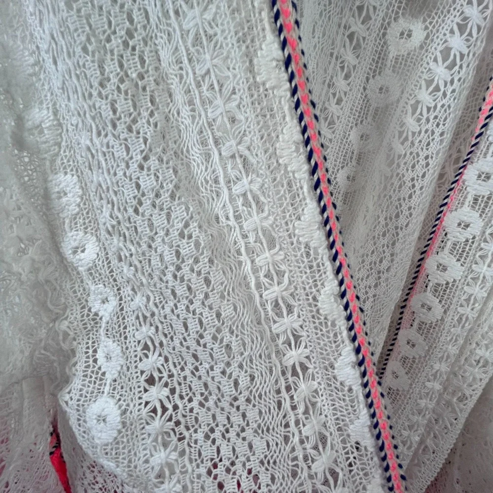 Express White Cotton Crochet‎ Neon Pink Tassels Open Swimsuit Cover Up One Size
